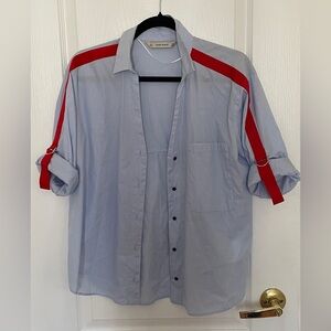 Light Blue Button-Up Blouse with Red Accents
